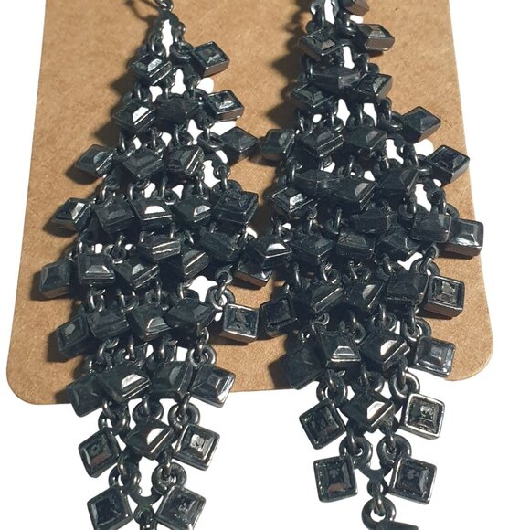 Black Dangle Chandelier Earring Hook Drop Heavyweight Multi Tier Square Handmade - Picture 3 of 4